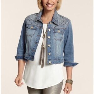Chico's Platinum Dazzle Denim embellished rhinestones crop jean Jacket size 1